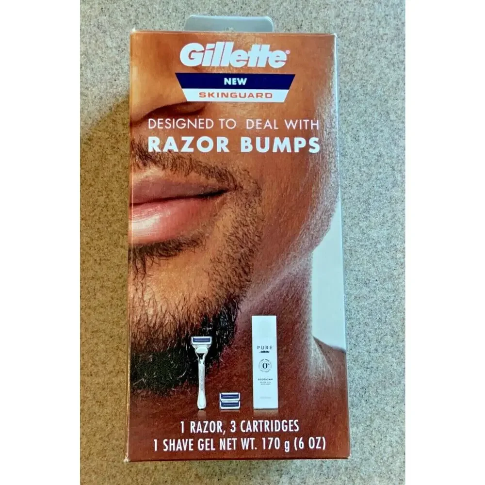 Mens SkinGuard Razor Bumps: Razor, 3 Cartridges, Shave Gel 5pc Set Gillette NIB